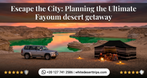 A secure Bedouin campsite and a 4x4 vehicle by a stunning turquoise lake, representing the ultimate Fayoum desert getaway at sunset.